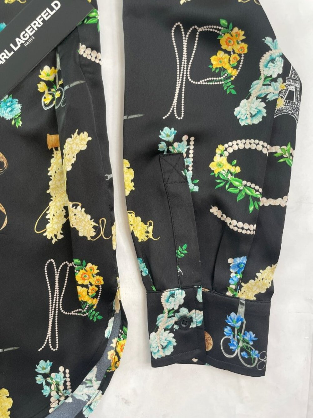 Karl Lagerfeld Paris Black Floral Alphabet Button-Up Shirt Wmns Sz S NWT MSRP$99 - Picture 4 of 7